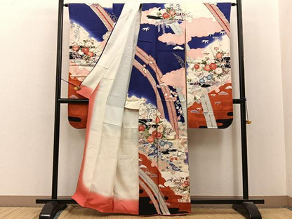 平和屋着物■豪華振袖　駒刺繍　雪輪花鳥文　暈し染め　金彩　正絹　逸品　BAAY8481hj