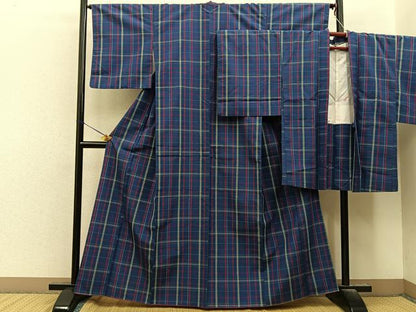 平和屋着物■上質な紬　格子柄　アンサンブル　正絹　逸品　BAAY8517hj