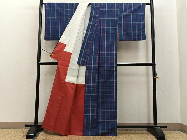 平和屋着物■上質な紬　格子柄　アンサンブル　正絹　逸品　BAAY8517hj