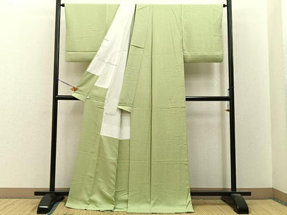 平和屋着物●上質な色無地　花地紋　若菜色　ロング丈　正絹　逸品　BAAY8527hj