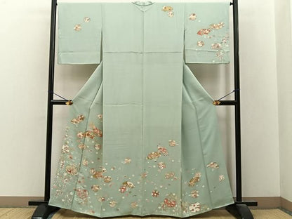 平和屋着物●訪問着　駒刺繍　扇面花文　金彩　正絹　逸品　BAAY8539hj