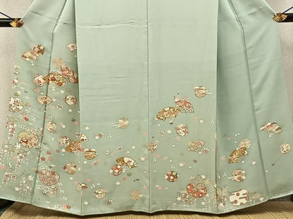 平和屋着物●訪問着　駒刺繍　扇面花文　金彩　正絹　逸品　BAAY8539hj