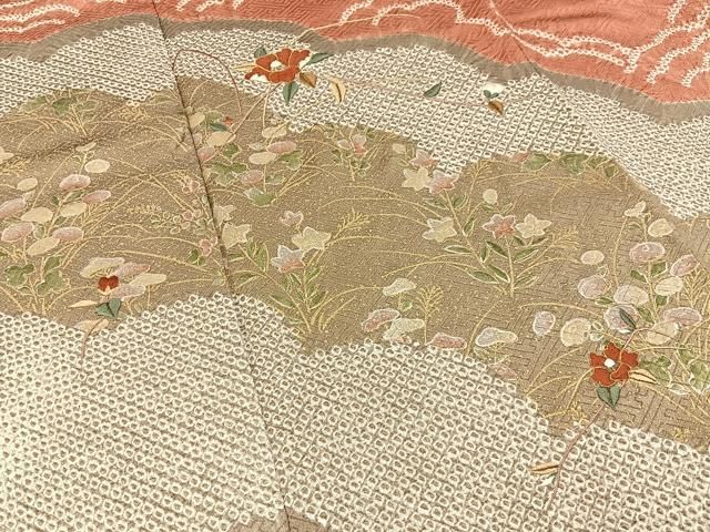 平和屋着物■訪問着　絞り　刺繍　椿　秋草文　金彩　正絹　逸品　BAAY8584hj