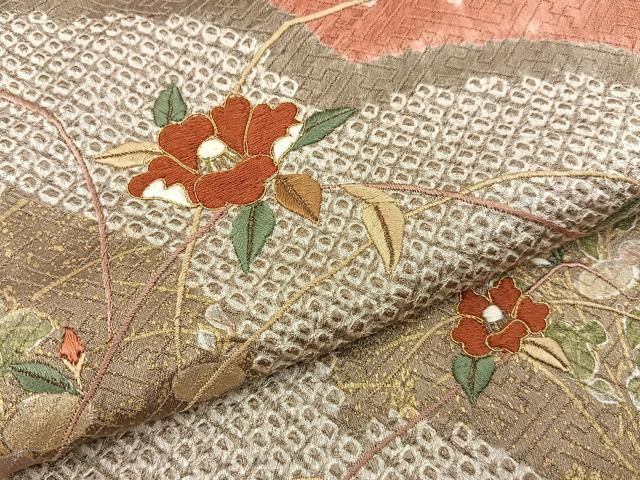 平和屋着物■訪問着　絞り　刺繍　椿　秋草文　金彩　正絹　逸品　BAAY8584hj