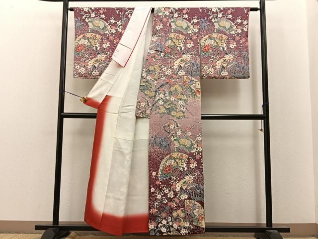 平和屋着物■訪問着　扇面花鳥文　暈し染め　鬼しぼ縮緬　正絹　逸品　BAAY8595hj