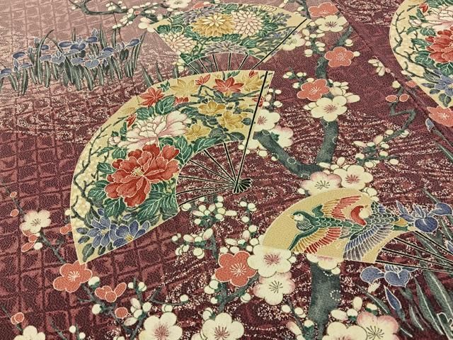 平和屋着物■訪問着　扇面花鳥文　暈し染め　鬼しぼ縮緬　正絹　逸品　BAAY8595hj