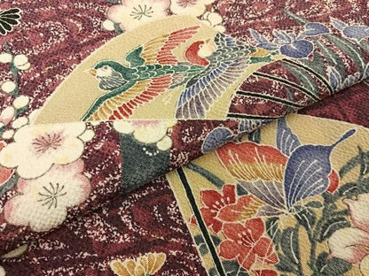 平和屋着物■訪問着　扇面花鳥文　暈し染め　鬼しぼ縮緬　正絹　逸品　BAAY8595hj