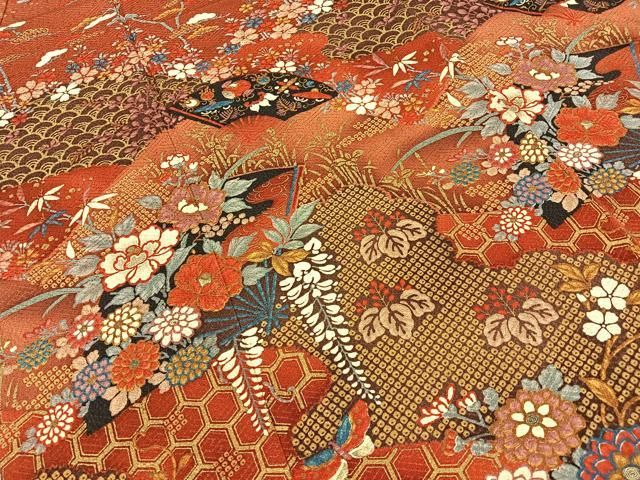 平和屋着物■訪問着　飛鶴扇面花蝶文　金彩　正絹　逸品　BAAY8598hj