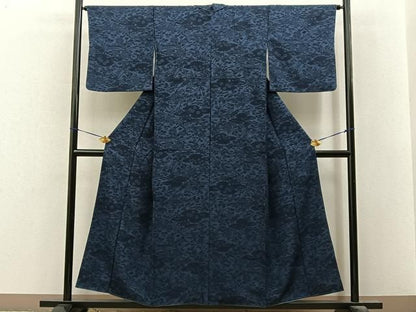 平和屋着物■上質な小紋　藍　型染め　雲隠れ草花文　正絹　逸品　BAAY8600hj