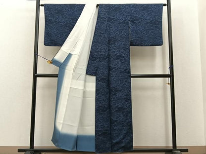平和屋着物■上質な小紋　藍　型染め　雲隠れ草花文　正絹　逸品　BAAY8600hj