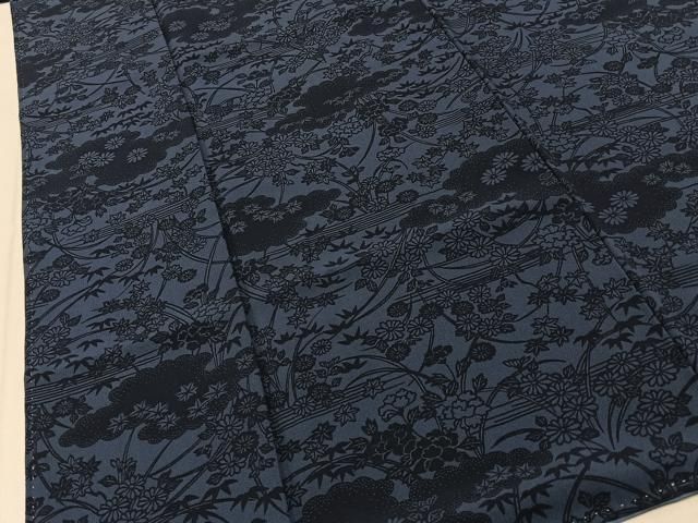 平和屋着物■上質な小紋　藍　型染め　雲隠れ草花文　正絹　逸品　BAAY8600hj