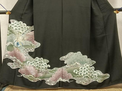 平和屋着物■豪華黒留袖　刺繍　松竹梅　尾長鶏　銀彩　正絹　逸品　BAAY8638hj