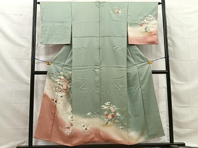 平和屋着物■訪問着　駒刺繍　飛鶴御所車花文　暈し染め　金銀彩　正絹　逸品　BAAY8678hj