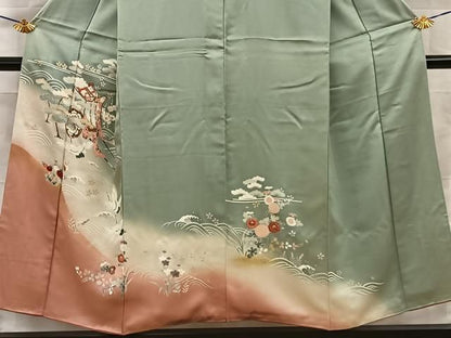 平和屋着物■訪問着　駒刺繍　飛鶴御所車花文　暈し染め　金銀彩　正絹　逸品　BAAY8678hj