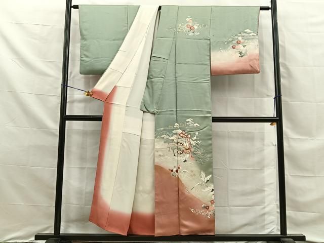 平和屋着物■訪問着　駒刺繍　飛鶴御所車花文　暈し染め　金銀彩　正絹　逸品　BAAY8678hj