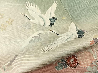 平和屋着物■訪問着　駒刺繍　飛鶴御所車花文　暈し染め　金銀彩　正絹　逸品　BAAY8678hj
