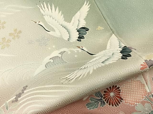 平和屋着物■訪問着　駒刺繍　飛鶴御所車花文　暈し染め　金銀彩　正絹　逸品　BAAY8678hj