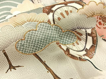 平和屋着物■訪問着　駒刺繍　飛鶴御所車花文　暈し染め　金銀彩　正絹　逸品　BAAY8678hj