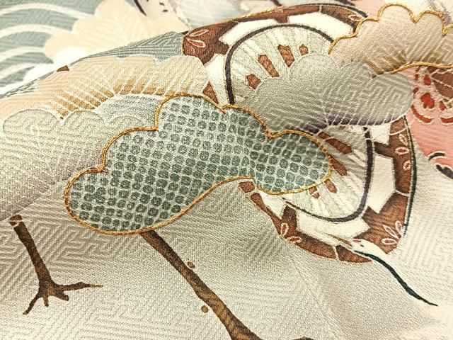 平和屋着物■訪問着　駒刺繍　飛鶴御所車花文　暈し染め　金銀彩　正絹　逸品　BAAY8678hj