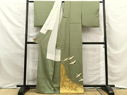 平和屋着物■豪華色留袖　駒刺繍　飛鶴文　金彩　正絹　逸品　BAAY8706hj