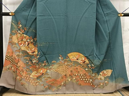 平和屋着物■豪華色留袖　飛鶴扇面花文　暈し染め　金彩　正絹　逸品　BAAY8729hj