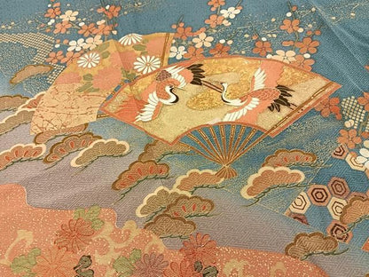 平和屋着物■豪華色留袖　飛鶴扇面花文　暈し染め　金彩　正絹　逸品　BAAY8729hj