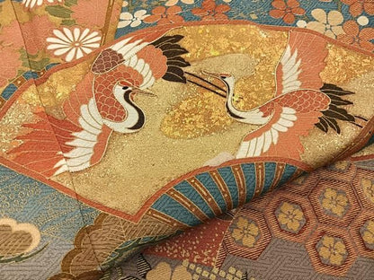 平和屋着物■豪華色留袖　飛鶴扇面花文　暈し染め　金彩　正絹　逸品　BAAY8729hj