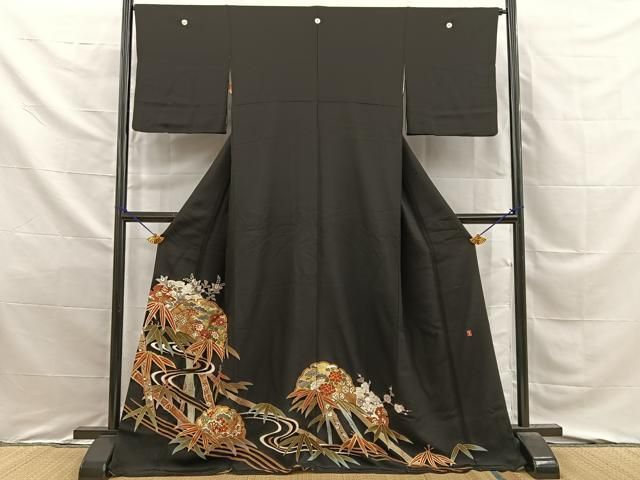 平和屋着物■豪華黒留袖　作家物　駒刺繍　松竹梅　流水吉祥花文　金彩　ロング丈　正絹　逸品　BAAY8753hj