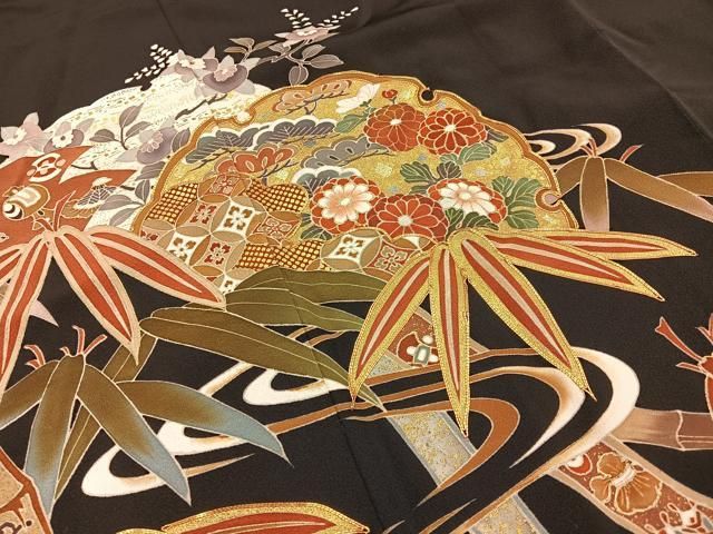 平和屋着物■豪華黒留袖　作家物　駒刺繍　松竹梅　流水吉祥花文　金彩　ロング丈　正絹　逸品　BAAY8753hj