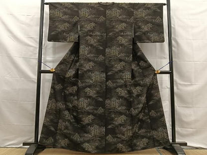 平和屋着物■上質な紬　風景文　黒地　正絹　逸品　BAAY8754hj