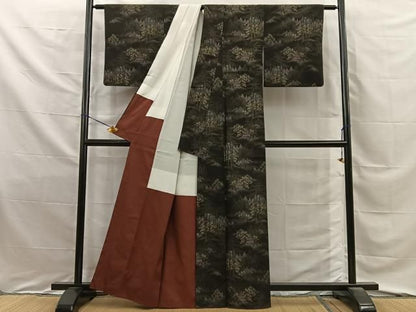 平和屋着物■上質な紬　風景文　黒地　正絹　逸品　BAAY8754hj
