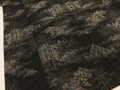 平和屋着物■上質な紬　風景文　黒地　正絹　逸品　BAAY8754hj