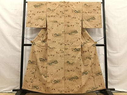 平和屋着物■上質な小紋　紬地　手描き　人物風景文　正絹　逸品　BAAY8756hj