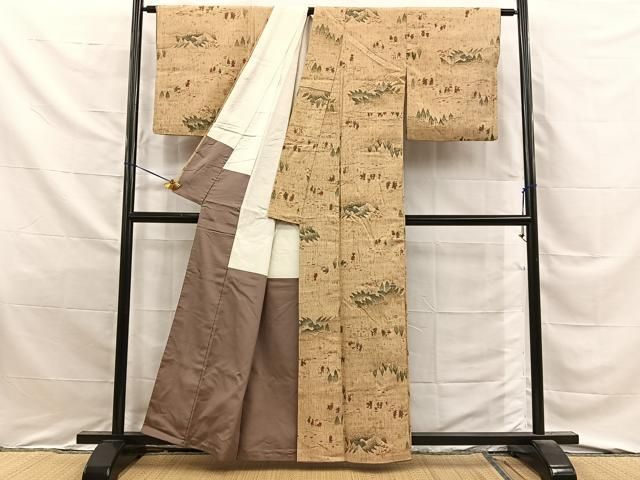 平和屋着物■上質な小紋　紬地　手描き　人物風景文　正絹　逸品　BAAY8756hj