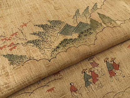 平和屋着物■上質な小紋　紬地　手描き　人物風景文　正絹　逸品　BAAY8756hj