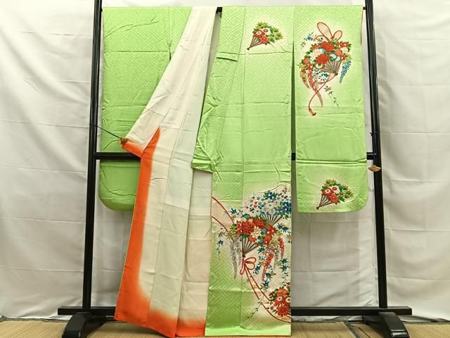 平和屋着物■豪華振袖　駒刺繍　扇面花文　暈し染め　金彩　正絹　逸品　BAAY8769hj