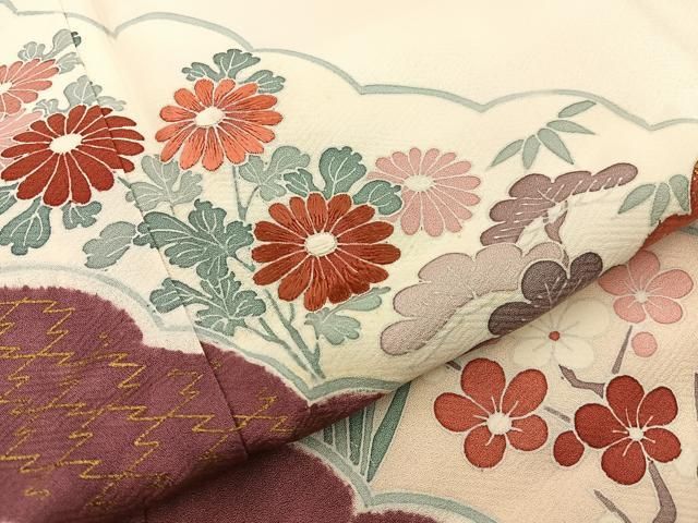 平和屋着物■訪問着　刺繍　流水草花文　金彩　正絹　逸品　未使用　BAAY8774hj