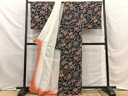 平和屋着物■上質な小紋　型染め　鳳凰花唐草文　濃紺地　鬼しぼ縮緬　正絹　逸品　BAAY8777hj