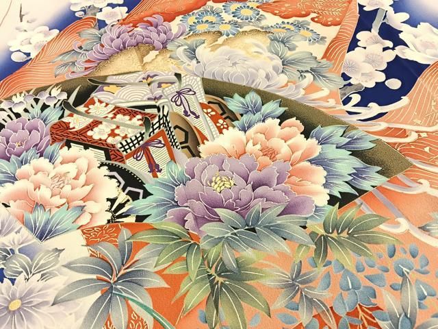平和屋着物■豪華振袖　刺繍　地紙御所車花文　暈し染め　金彩　正絹　逸品　BAAY8788hj