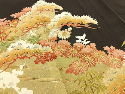 平和屋着物■豪華黒留袖　駒刺繍　松竹梅菊文　金彩　正絹　逸品　BAAY8794hj