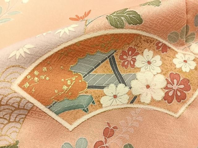 平和屋着物●訪問着　地紙御所車花文　暈し染め　金彩　ロング丈　正絹　逸品　BAAY8803hj