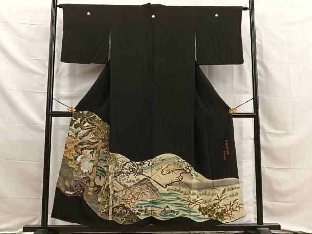 平和屋着物■豪華黒留袖　四季花鳥図　雪舟等陽　ぬれ羽染　金彩　正絹　逸品　BAAY8842hj