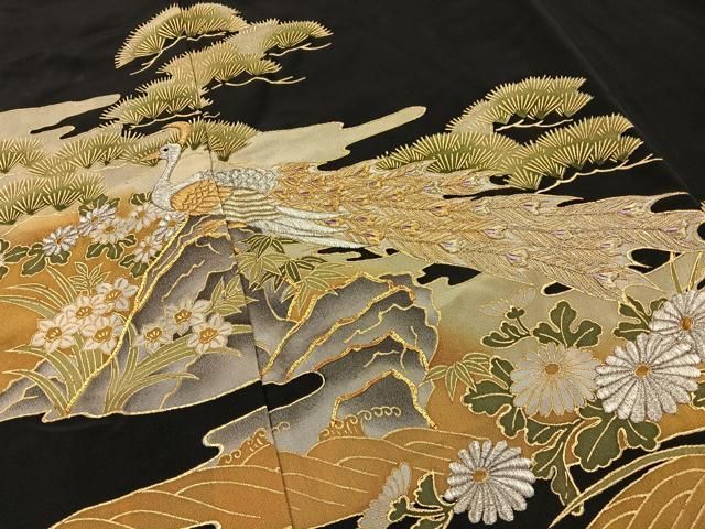 平和屋着物■黒留袖　駒刺繍　孔雀浜松文　金彩　洗える着物　BAAY8846hj