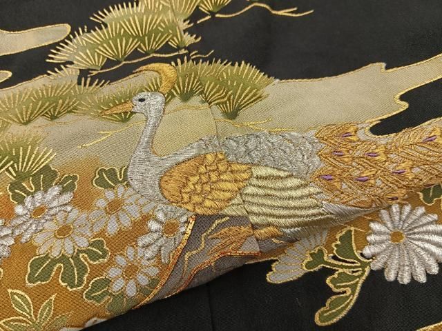 平和屋着物■黒留袖　駒刺繍　孔雀浜松文　金彩　洗える着物　BAAY8846hj