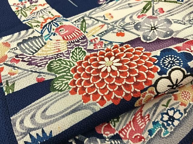 平和屋着物■上質な小紋　型染め　花蝶文　鬼しぼ縮緬　正絹　逸品　BAAY8869hj