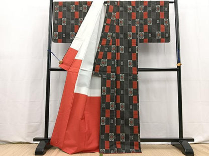 平和屋着物■本場村山大島紬　アンサンブル　幾何学文様　正絹　逸品　BAAY9057yc