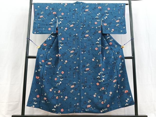 平和屋着物■上質な小紋　型染め　花唐草文　鬼しぼ縮緬　正絹　逸品　BAAY9062yc