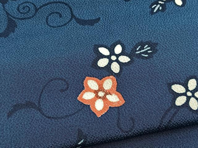 平和屋着物■上質な小紋　型染め　花唐草文　鬼しぼ縮緬　正絹　逸品　BAAY9062yc