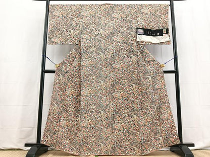 平和屋着物●上質な小紋　加賀友禅　加賀染　流水草花文　黒地　反端付き　正絹　逸品　BAAY9067yc