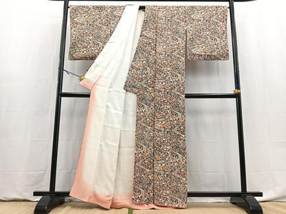 平和屋着物●上質な小紋　加賀友禅　加賀染　流水草花文　黒地　反端付き　正絹　逸品　BAAY9067yc